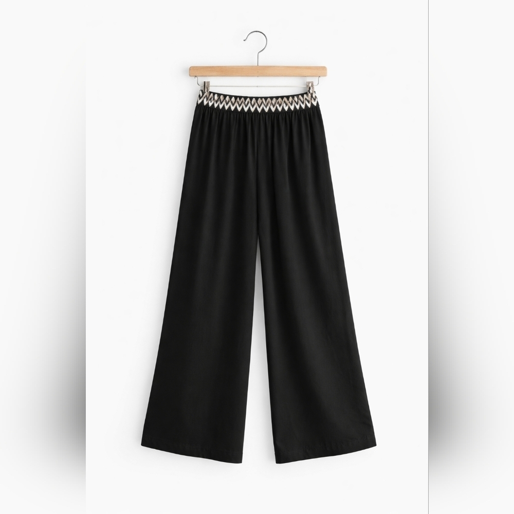 Women Black Wide Leg Pants Chevron Waistband XL (12) - Picture 4 of 4
